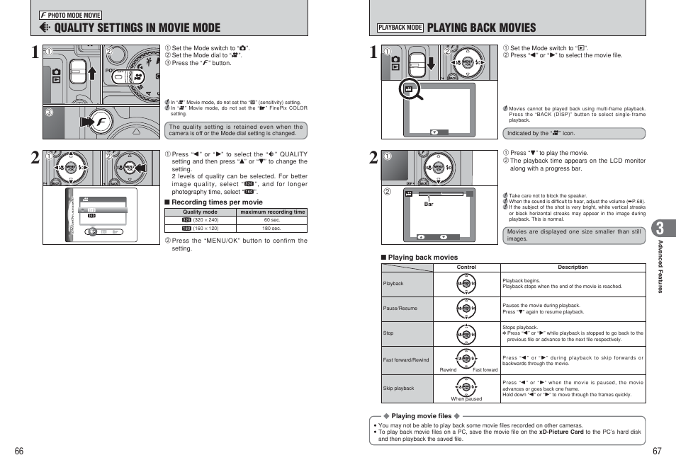 Playing back movies, Y quality settings in movie mode | FujiFilm FinePix E500 User Manual | Page 34 / 59