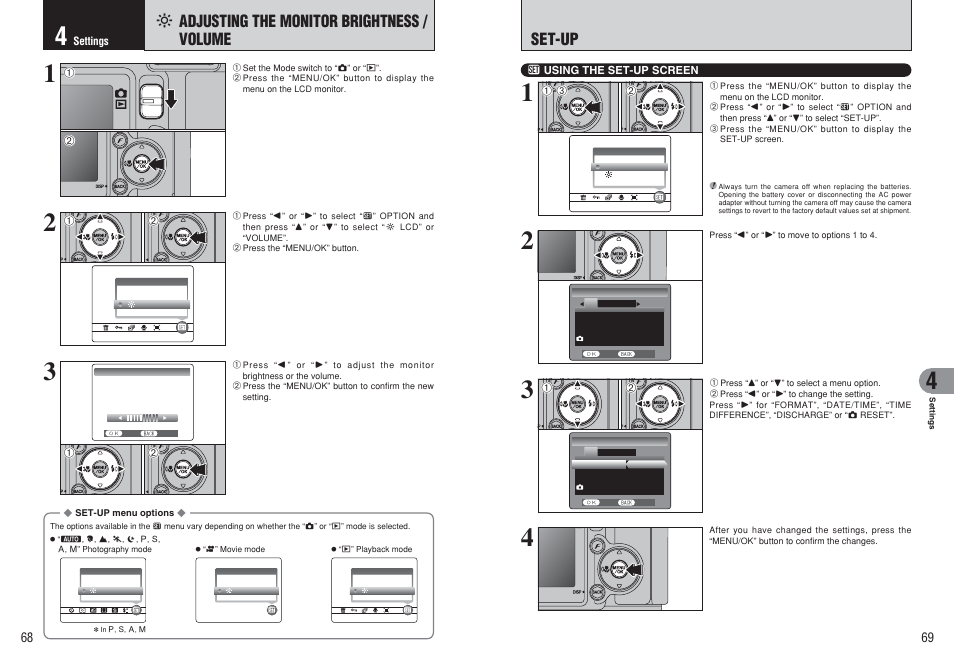 Set-up, FI adjusting the monitor brightness / volume | FujiFilm FinePix E500 User Manual | Page 35 / 59