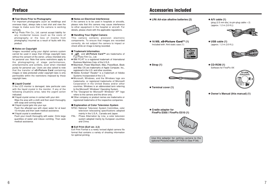 Preface accessories included | FujiFilm FinePix E500 User Manual | Page 4 / 59