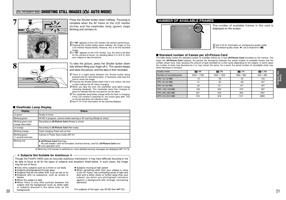 Shooting still images ( a auto mode) | FujiFilm FinePix A405 User Manual | Page 11 / 43