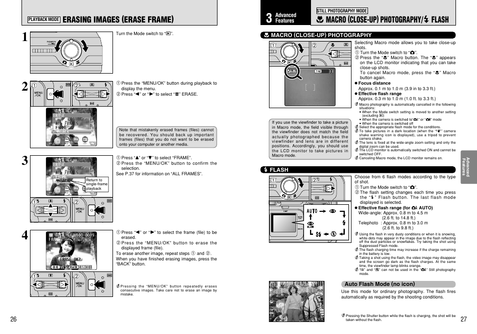 Erasing images (erase frame), E macro (close-up) photography/ d flash | FujiFilm FinePix A405 User Manual | Page 14 / 43