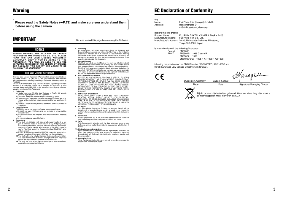 Warning ec declaration of conformity, Important | FujiFilm FinePix A405 User Manual | Page 2 / 43