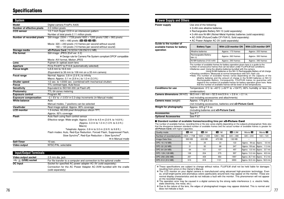 Specifications | FujiFilm FinePix A405 User Manual | Page 39 / 43