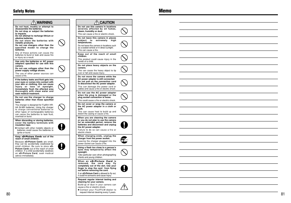 81 80 caution, Warning | FujiFilm FinePix A405 User Manual | Page 41 / 43
