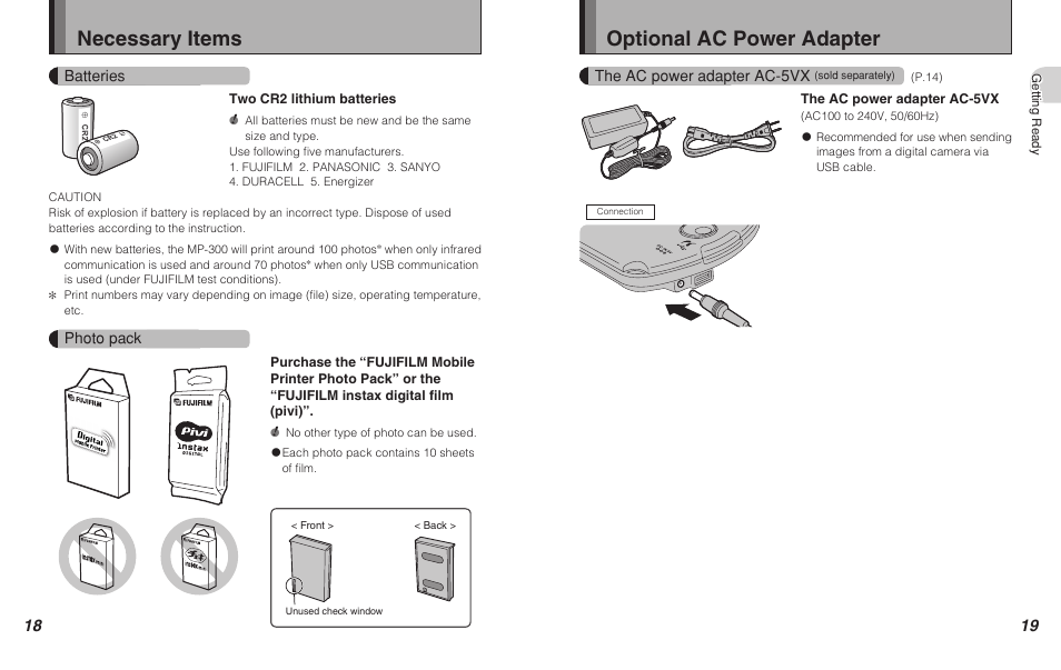 Necessary items, Optional ac power adapter | FujiFilm Pivi MP-300 User Manual | Page 10 / 27