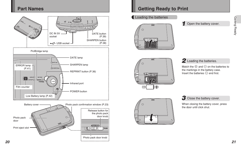 Part names, Getting ready to print | FujiFilm Pivi MP-300 User Manual | Page 11 / 27