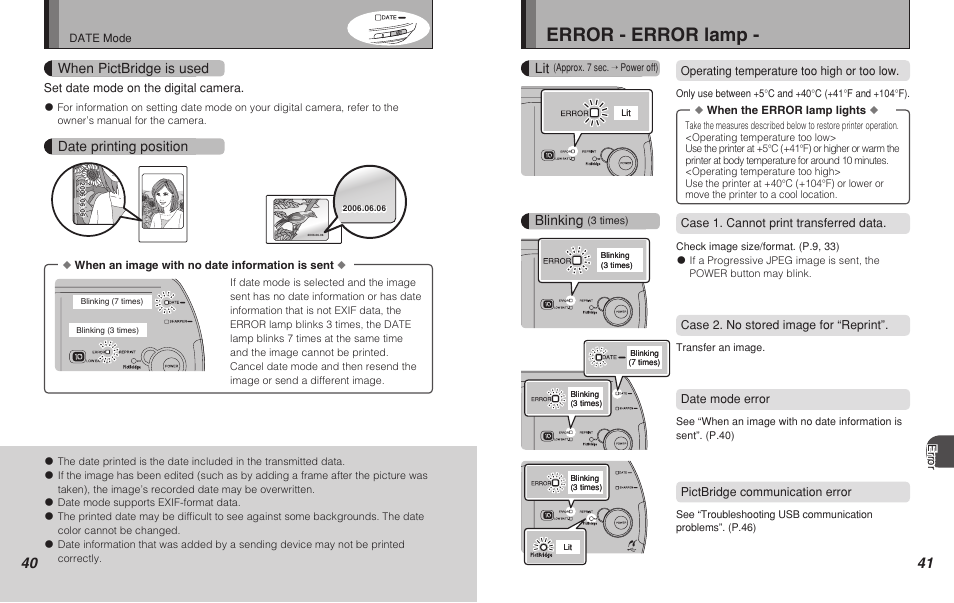 Error - error lamp, Date printing position, When pictbridge is used | Blinking | FujiFilm Pivi MP-300 User Manual | Page 21 / 27