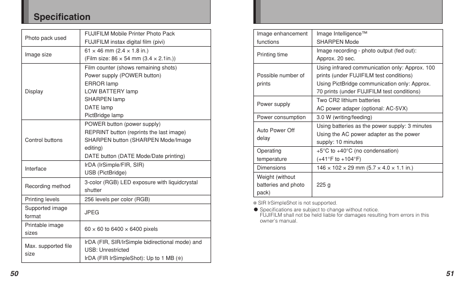 Specification, Specifi cation | FujiFilm Pivi MP-300 User Manual | Page 26 / 27