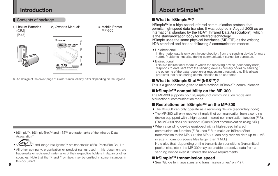 Introduction, About irsimple, Contents of package | What is irsimple, What is irsimpleshot™ (irss™), Irsimple™ compatibility on the mp-300, Restrictions on irsimple™ on the mp-300, Irsimple™ transmission speed, Infrared data association, 2, owner’s manual | FujiFilm Pivi MP-300 User Manual | Page 5 / 27