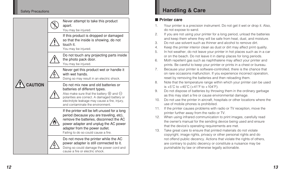 Handling & care | FujiFilm Pivi MP-300 User Manual | Page 7 / 27