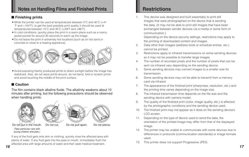 Notes on handling films and finished prints, Restrictions | FujiFilm Pivi MP-300 User Manual | Page 9 / 27