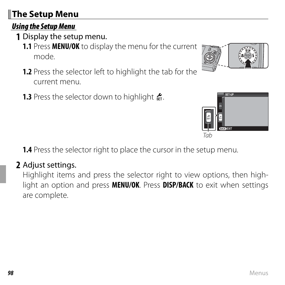 The setup menu | FujiFilm FinePix F660EXR User Manual | Page 112 / 146