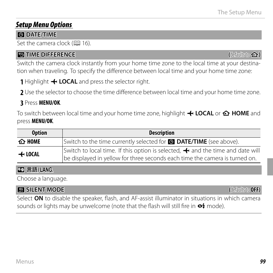 Setup menu options | FujiFilm FinePix F660EXR User Manual | Page 113 / 146