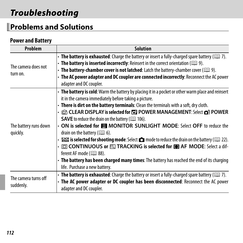 Troubleshooting, Problems and solutions | FujiFilm FinePix F660EXR User Manual | Page 126 / 146