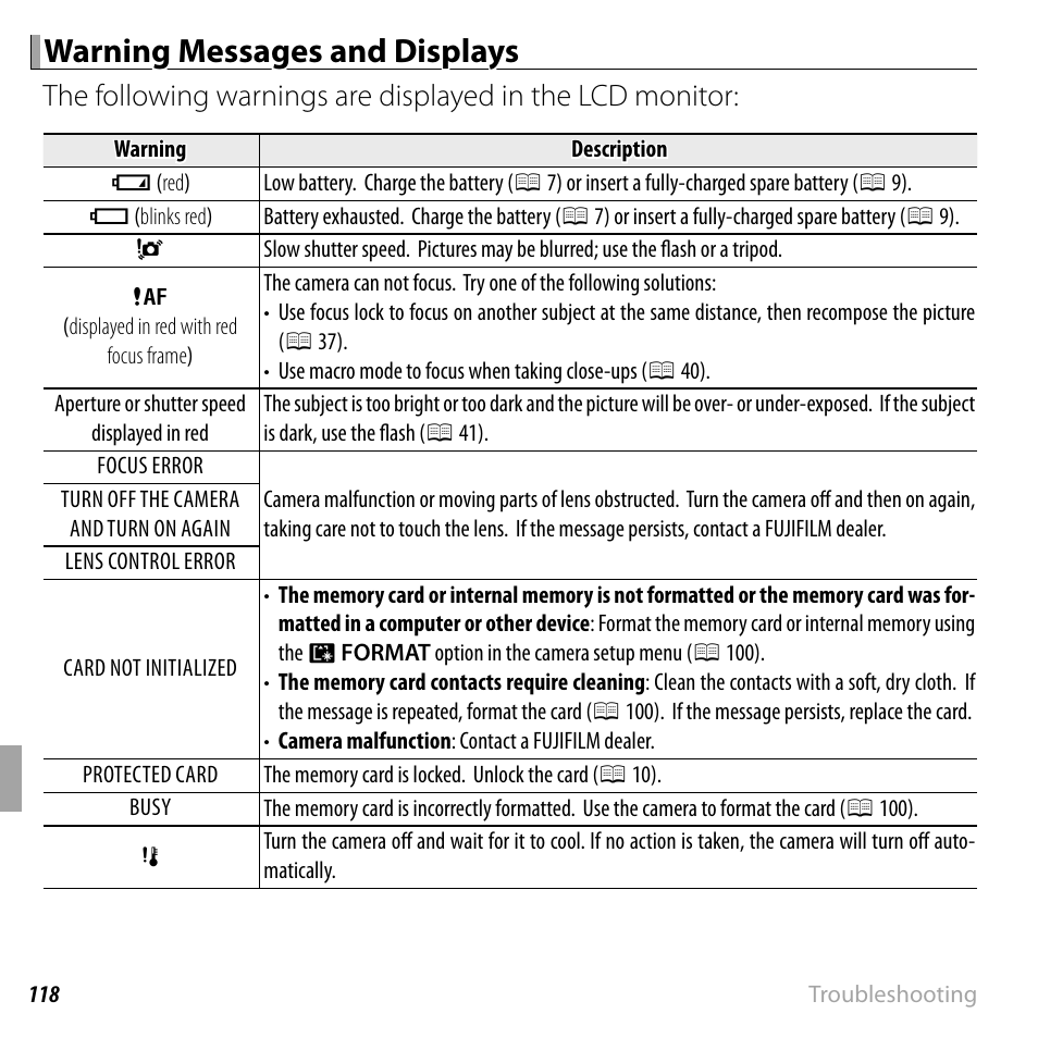 Warning messages and displays | FujiFilm FinePix F660EXR User Manual | Page 132 / 146