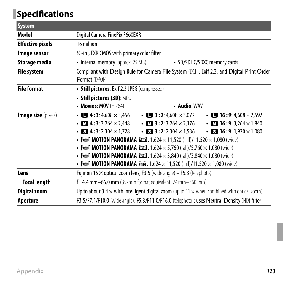 Specifi cations | FujiFilm FinePix F660EXR User Manual | Page 137 / 146