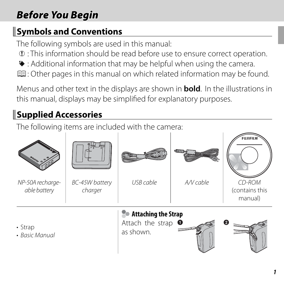 Before you begin, Symbols and conventions, Supplied accessories | FujiFilm FinePix F660EXR User Manual | Page 15 / 146