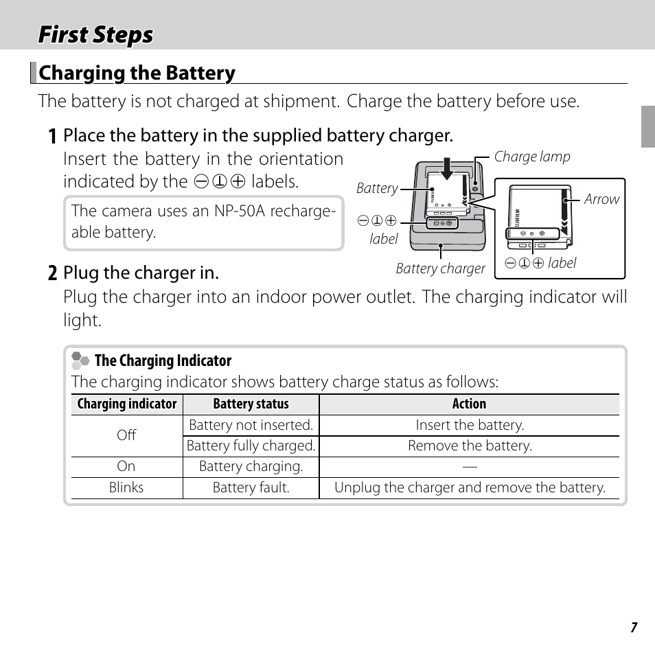 First steps, Charging the battery | FujiFilm FinePix F660EXR User Manual | Page 21 / 146