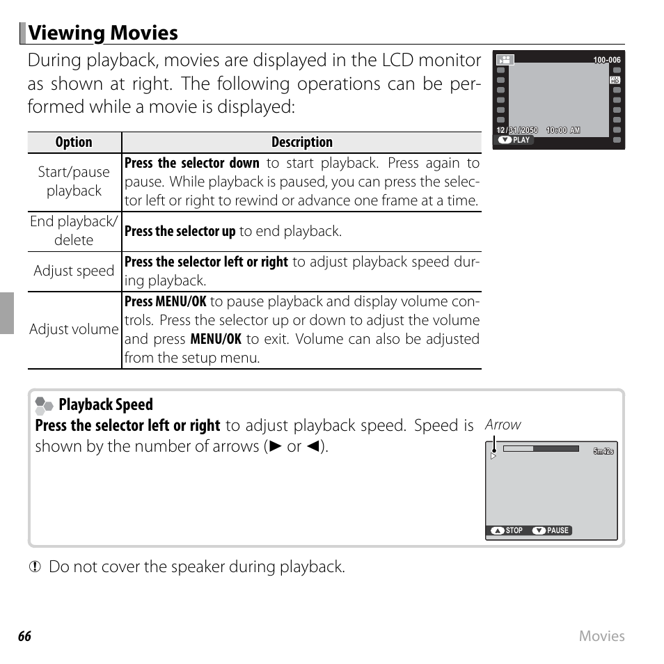 Viewing movies, Playback speed, Q do not cover the speaker during playback | FujiFilm FinePix F660EXR User Manual | Page 80 / 146