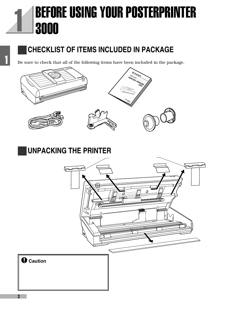 Before using your posterprinter 3000, Checklist of items included in package, Unpacking the printer | FujiFilm 3000 User Manual | Page 4 / 38