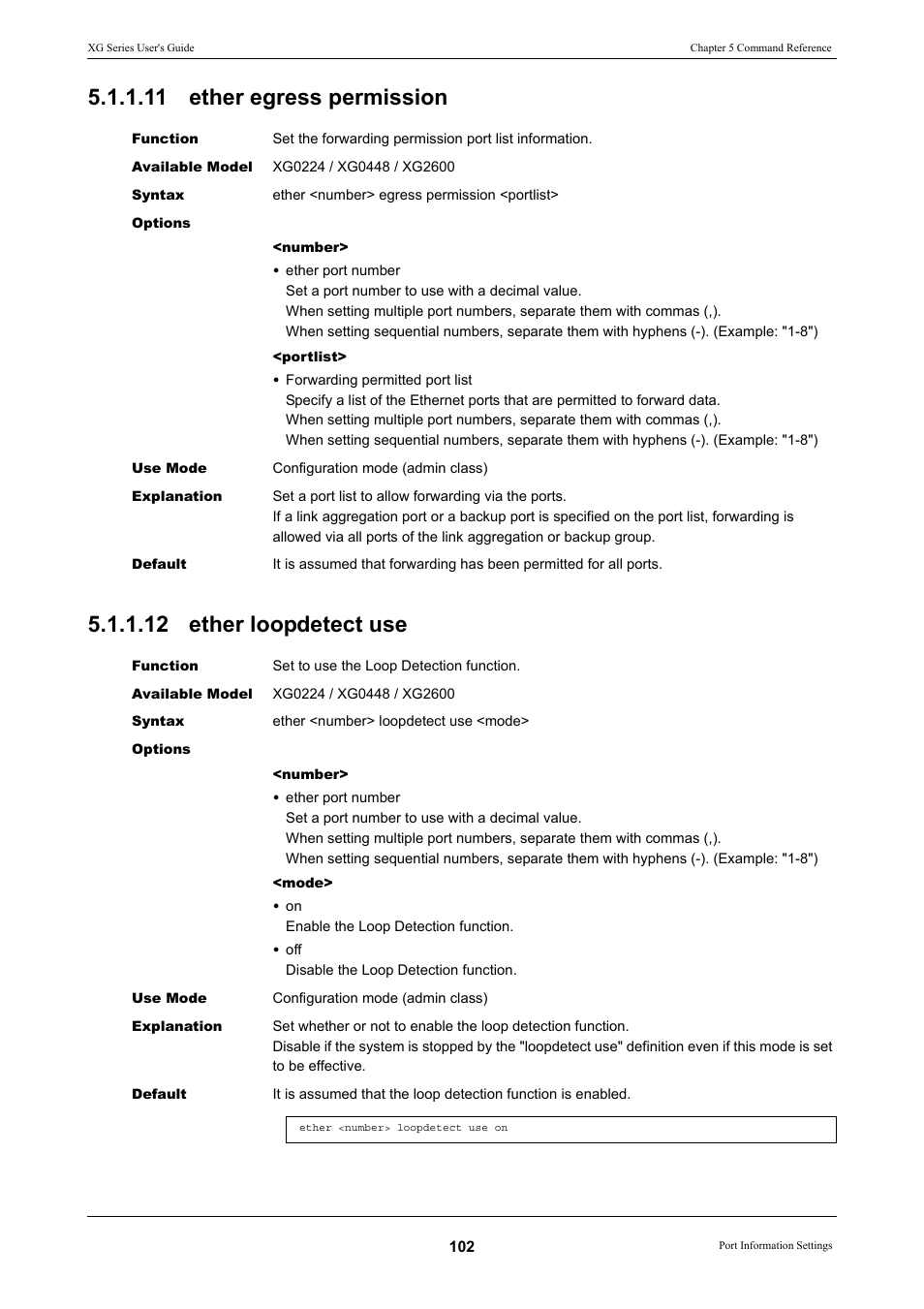 11 ether egress permission, 12 ether loopdetect use | FUJITSU XG Series P3NK-4452-01ENZD User Manual | Page 102 / 614