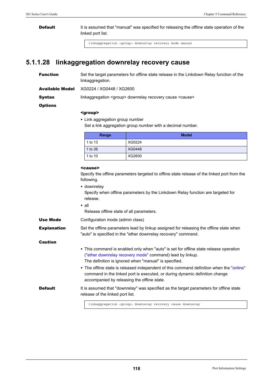 28 linkaggregation downrelay recovery cause, Linkaggregation downrelay recovery cause, Command | FUJITSU XG Series P3NK-4452-01ENZD User Manual | Page 118 / 614
