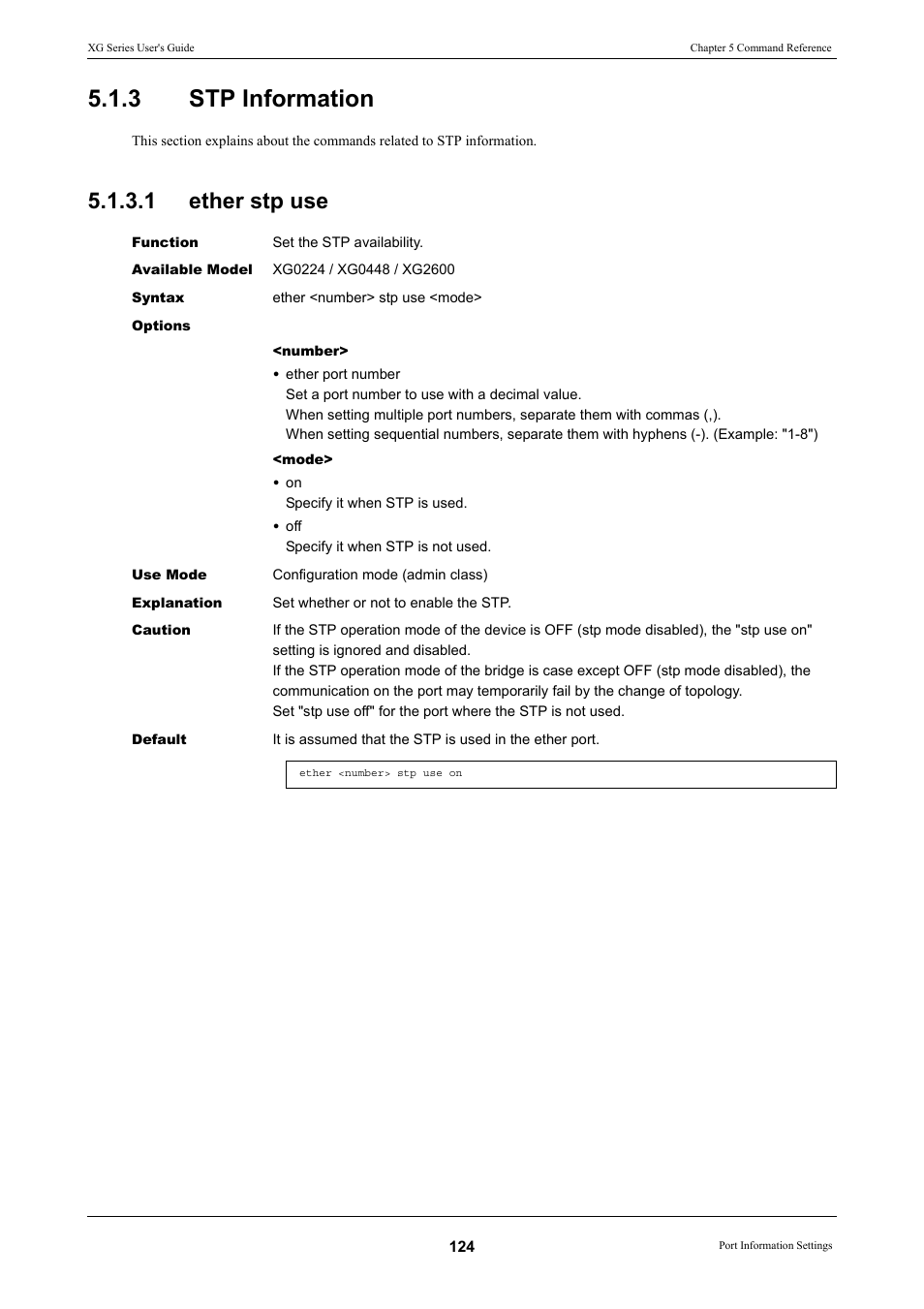 3 stp information, 1 ether stp use, Stp information 5.1.3.1 | Ether stp use, Stp information | FUJITSU XG Series P3NK-4452-01ENZD User Manual | Page 124 / 614