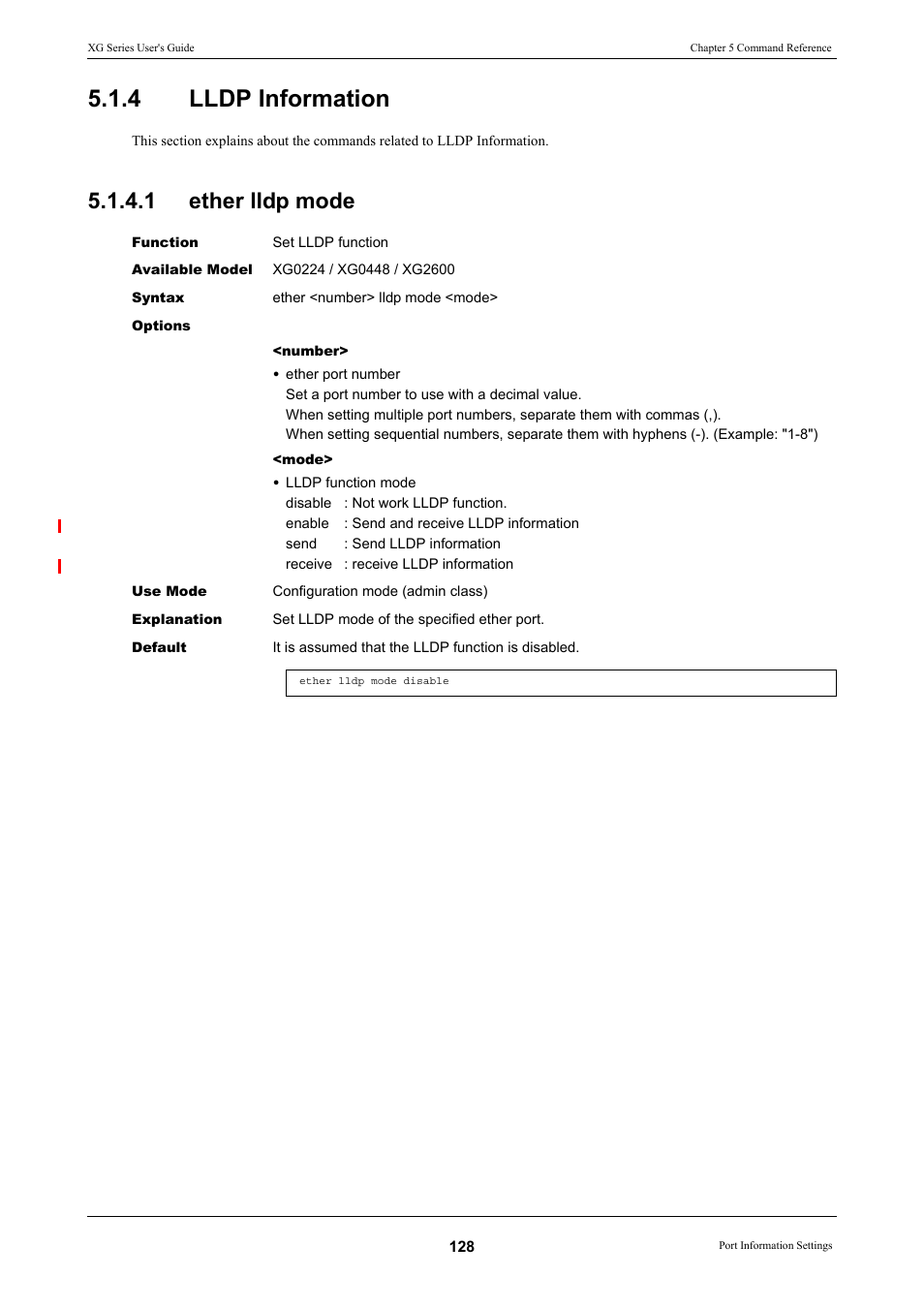 4 lldp information, 1 ether lldp mode, Lldp information 5.1.4.1 | Ether lldp mode, Lldp information | FUJITSU XG Series P3NK-4452-01ENZD User Manual | Page 128 / 614