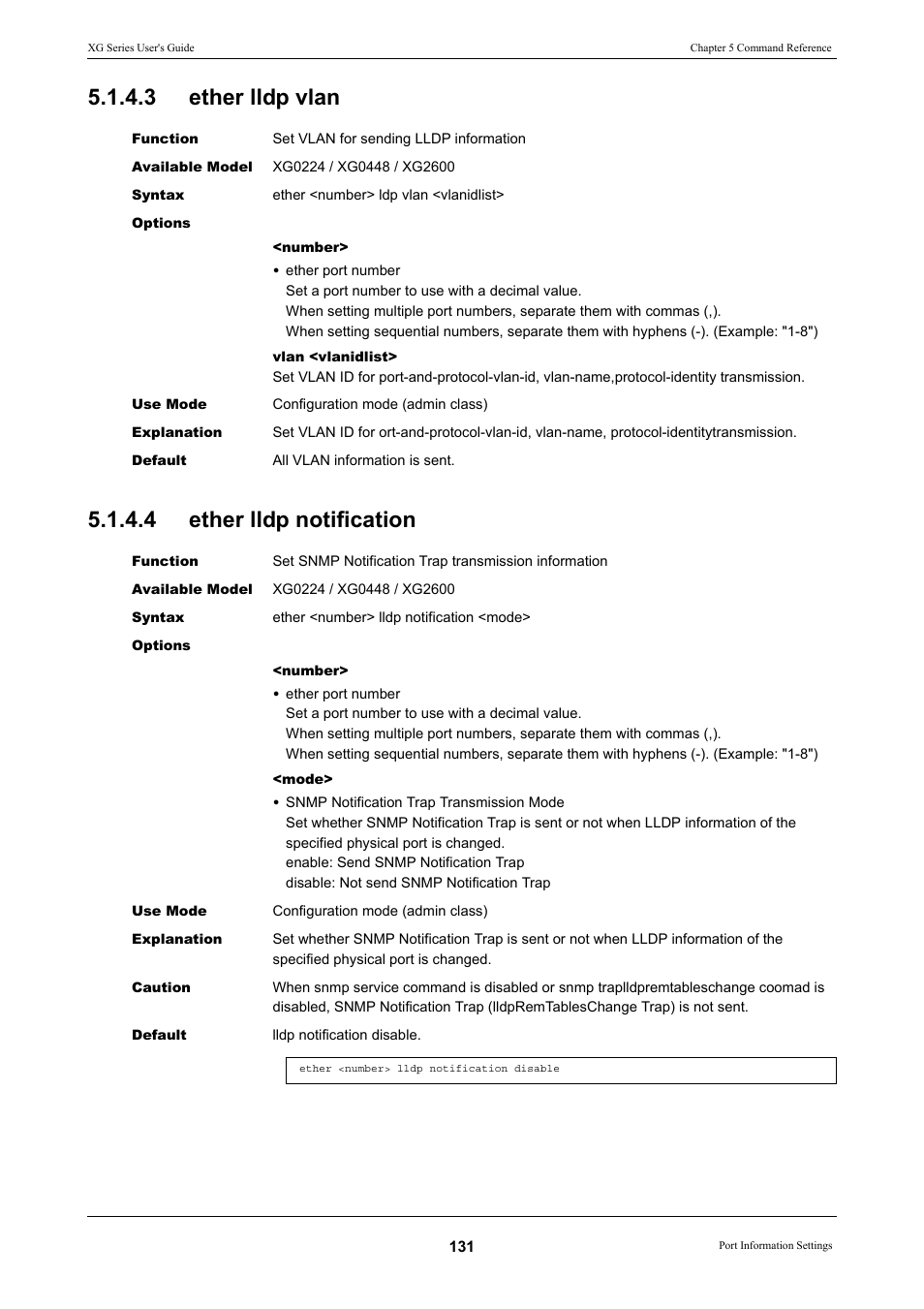 3 ether lldp vlan, 4 ether lldp notification, Ether lldp vlan | Ether lldp notification | FUJITSU XG Series P3NK-4452-01ENZD User Manual | Page 131 / 614