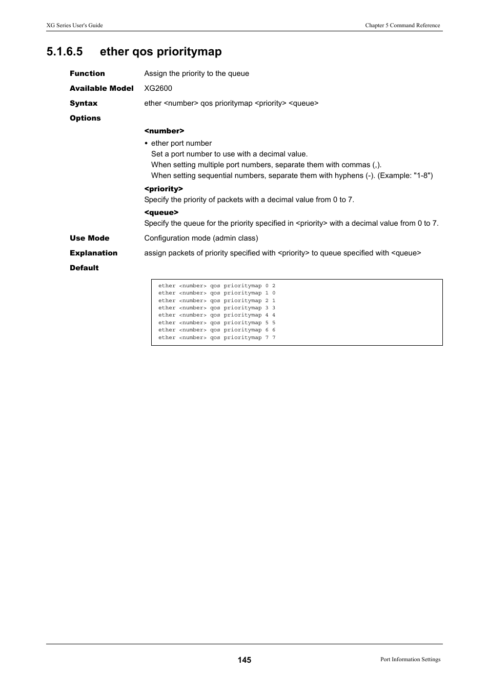 5 ether qos prioritymap, Ether qos prioritymap | FUJITSU XG Series P3NK-4452-01ENZD User Manual | Page 145 / 614