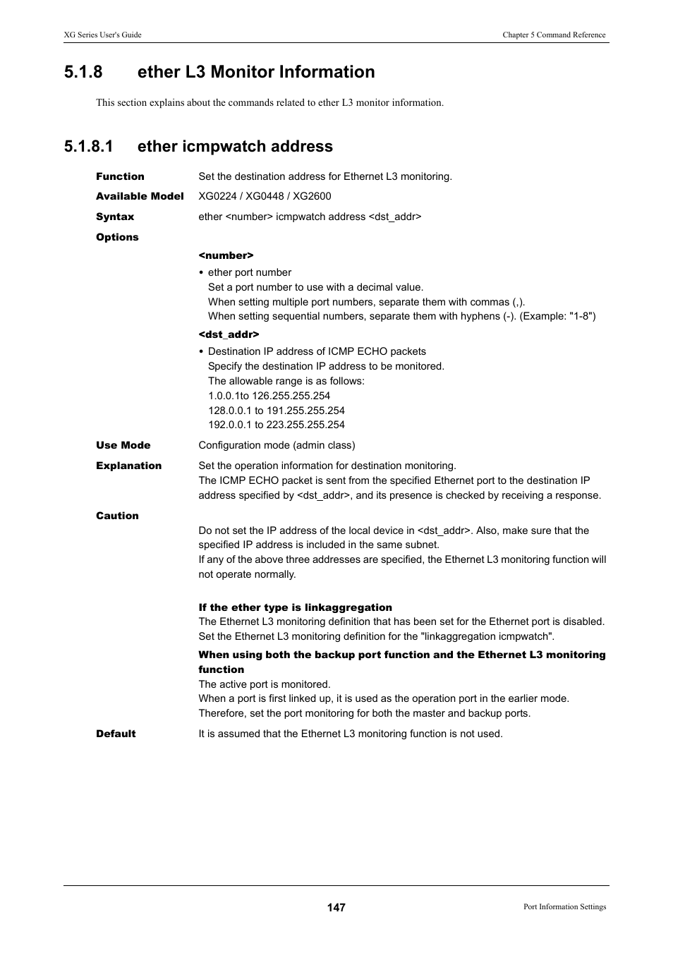 8 ether l3 monitor information, 1 ether icmpwatch address, Ether l3 monitor information 5.1.8.1 | Ether icmpwatch address, Ether l3 monitor information | FUJITSU XG Series P3NK-4452-01ENZD User Manual | Page 147 / 614