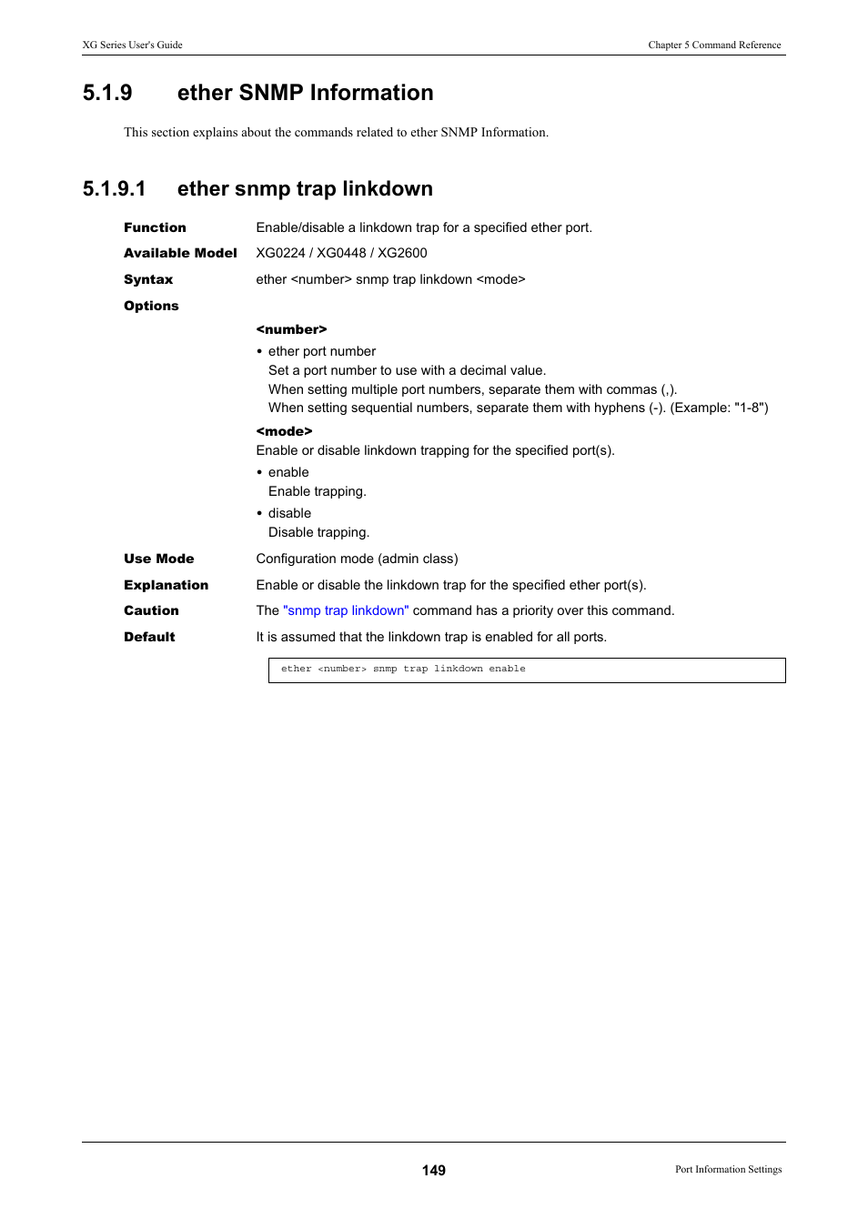 9 ether snmp information, 1 ether snmp trap linkdown, Ether snmp information 5.1.9.1 | Ether snmp trap linkdown, Ether snmp information | FUJITSU XG Series P3NK-4452-01ENZD User Manual | Page 149 / 614