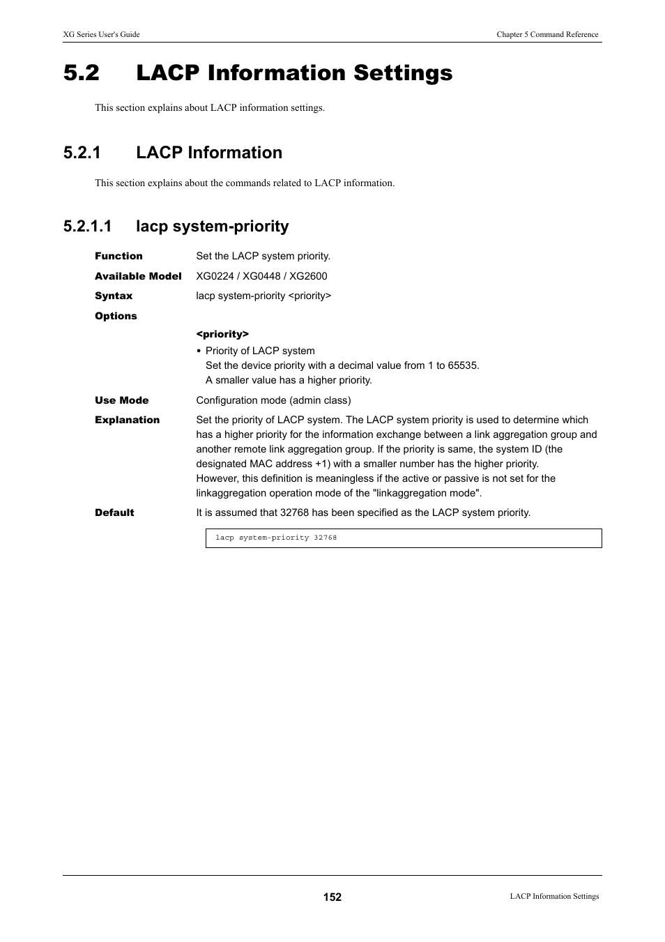 2 lacp information settings, 1 lacp information, 1 lacp system-priority | Lacp information settings, Lacp information 5.2.1.1, Lacp system-priority, Lacp information | FUJITSU XG Series P3NK-4452-01ENZD User Manual | Page 152 / 614