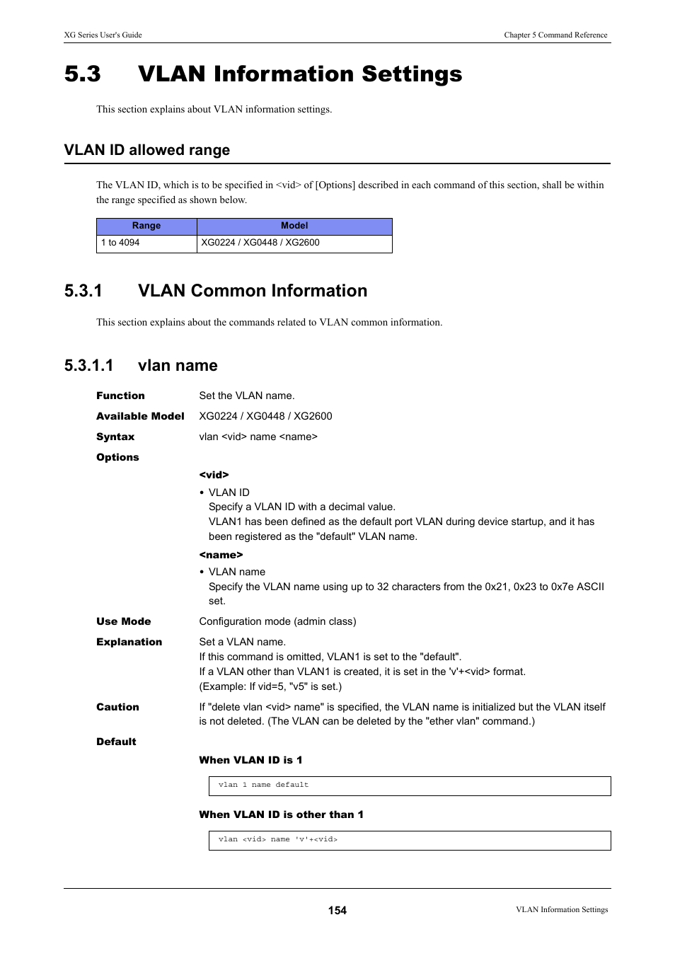 3 vlan information settings, 1 vlan common information, 1 vlan name | Vlan information settings, Vlan common information 5.3.1.1, Vlan name, Vlan common information, Vlan id allowed range | FUJITSU XG Series P3NK-4452-01ENZD User Manual | Page 154 / 614