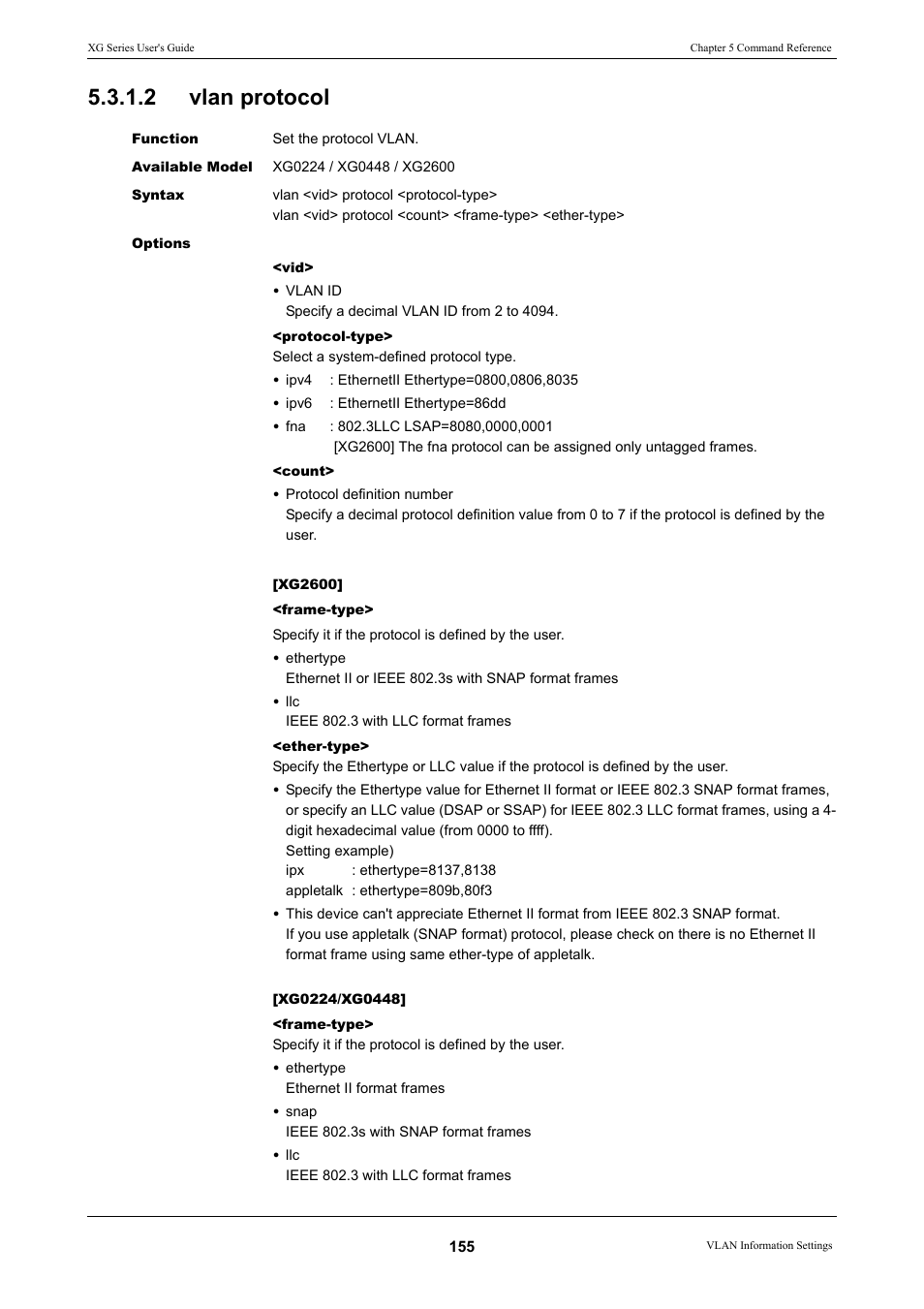 2 vlan protocol, Vlan protocol, Vlan | Protocol | FUJITSU XG Series P3NK-4452-01ENZD User Manual | Page 155 / 614