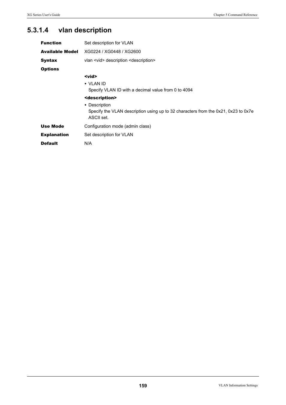 4 vlan description, Vlan description | FUJITSU XG Series P3NK-4452-01ENZD User Manual | Page 159 / 614
