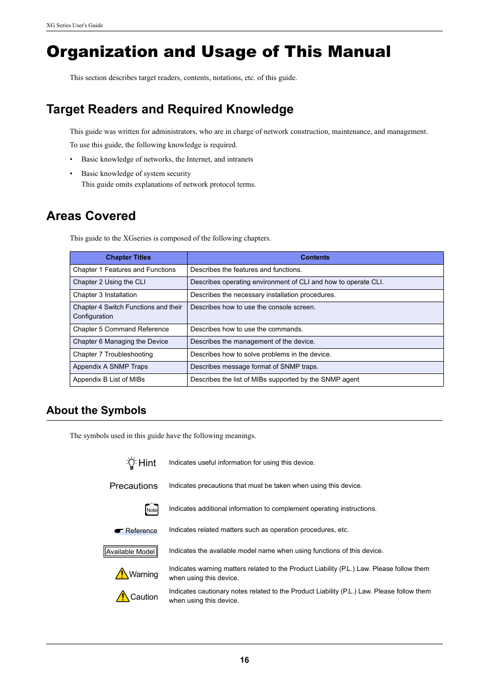 Organization and usage of this manual, Target readers and required knowledge, Areas covered | About the symbols, Hint | FUJITSU XG Series P3NK-4452-01ENZD User Manual | Page 16 / 614