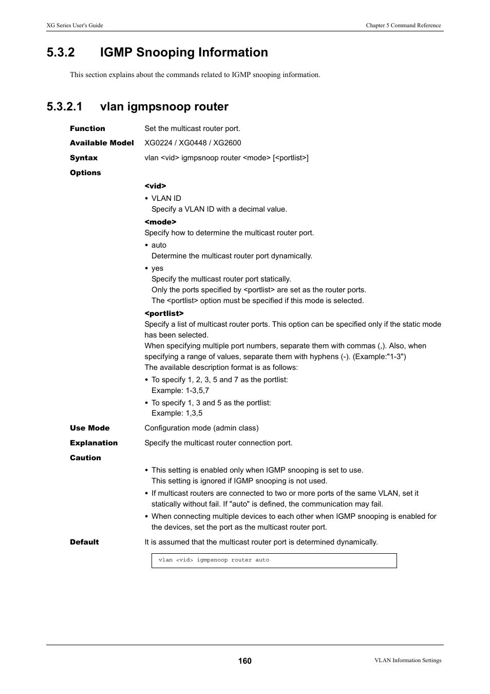 2 igmp snooping information, 1 vlan igmpsnoop router, Igmp snooping information 5.3.2.1 | Vlan igmpsnoop router, Igmp snooping information | FUJITSU XG Series P3NK-4452-01ENZD User Manual | Page 160 / 614