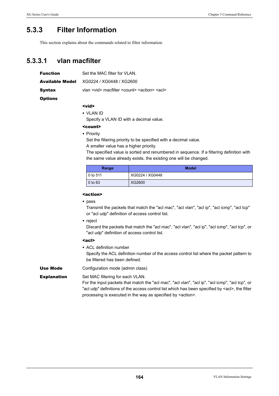 3 filter information, 1 vlan macfilter, Filter information 5.3.3.1 | Vlan macfilter, Filter information, Vlan, Macfilter | FUJITSU XG Series P3NK-4452-01ENZD User Manual | Page 164 / 614