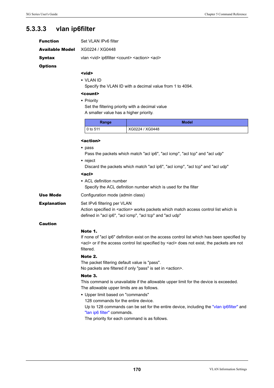3 vlan ip6filter, Vlan ip6filter | FUJITSU XG Series P3NK-4452-01ENZD User Manual | Page 170 / 614
