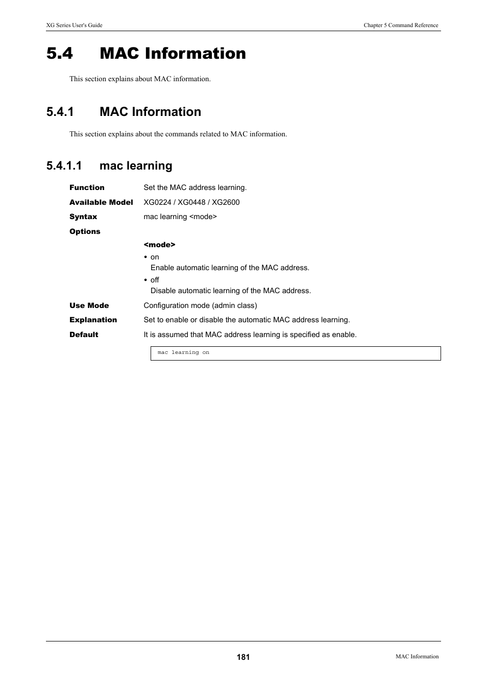 4 mac information, 1 mac information, 1 mac learning | Mac information, Mac information 5.4.1.1, Mac learning | FUJITSU XG Series P3NK-4452-01ENZD User Manual | Page 181 / 614