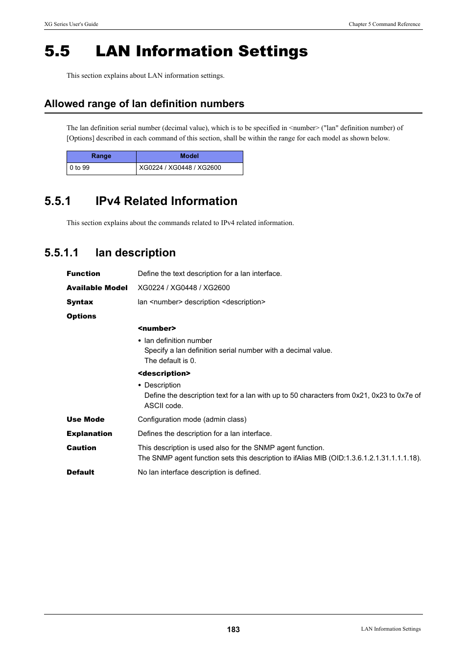 5 lan information settings, 1 ipv4 related information, 1 lan description | Lan information settings, Ipv4 related information 5.5.1.1, Lan description, Ipv4 related information, Allowed range of lan definition numbers | FUJITSU XG Series P3NK-4452-01ENZD User Manual | Page 183 / 614