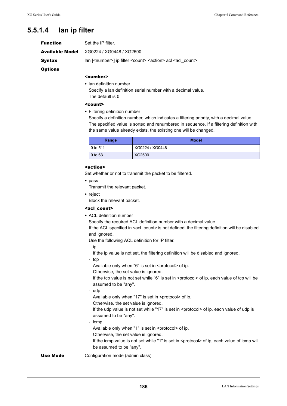 4 lan ip filter, Lan ip filter, Command | Commands | FUJITSU XG Series P3NK-4452-01ENZD User Manual | Page 186 / 614
