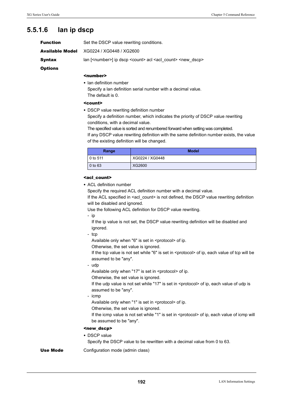 6 lan ip dscp, Lan ip dscp, Commands, th | FUJITSU XG Series P3NK-4452-01ENZD User Manual | Page 192 / 614