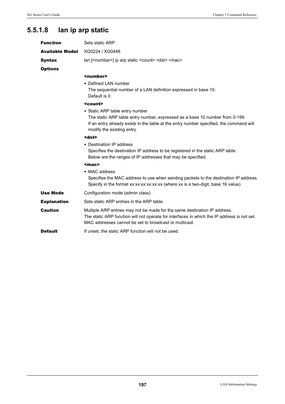8 lan ip arp static, Lan ip arp static | FUJITSU XG Series P3NK-4452-01ENZD User Manual | Page 197 / 614