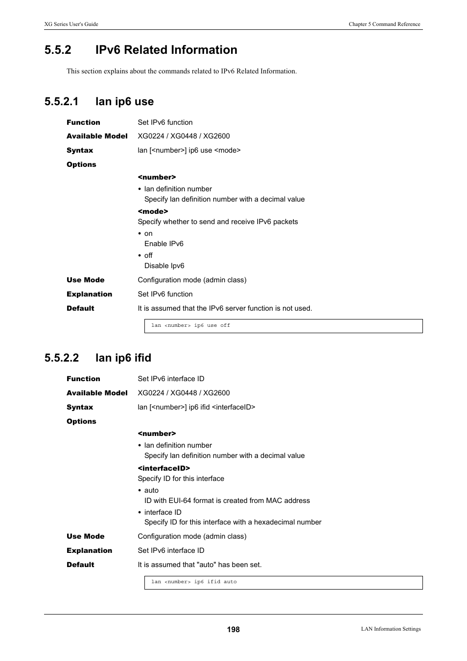 2 ipv6 related information, 1 lan ip6 use, 2 lan ip6 ifid | Ipv6 related information 5.5.2.1, Lan ip6 use, Lan ip6 ifid, Ipv6 related information | FUJITSU XG Series P3NK-4452-01ENZD User Manual | Page 198 / 614