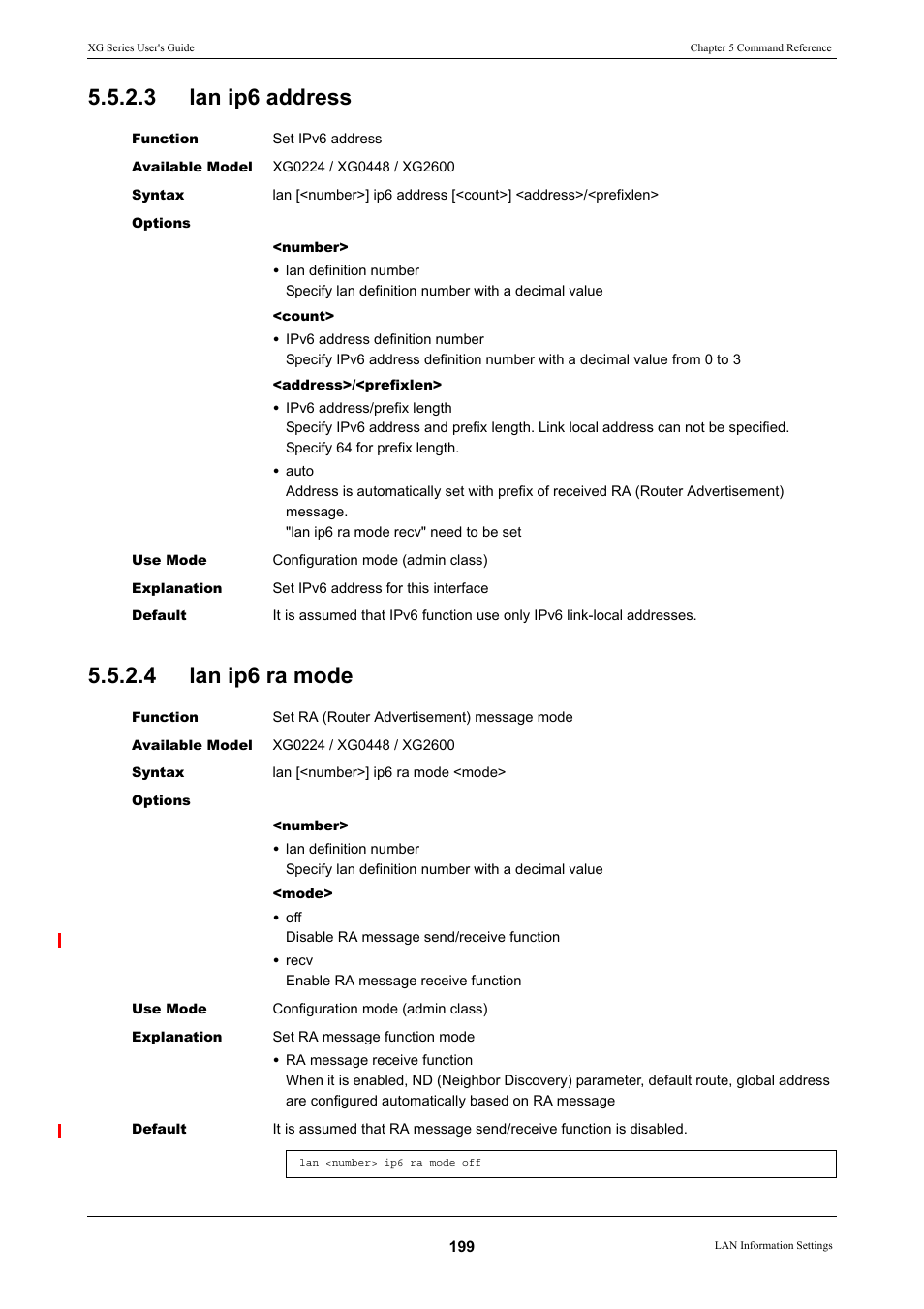 3 lan ip6 address, 4 lan ip6 ra mode, Lan ip6 address | Lan ip6 ra mode | FUJITSU XG Series P3NK-4452-01ENZD User Manual | Page 199 / 614
