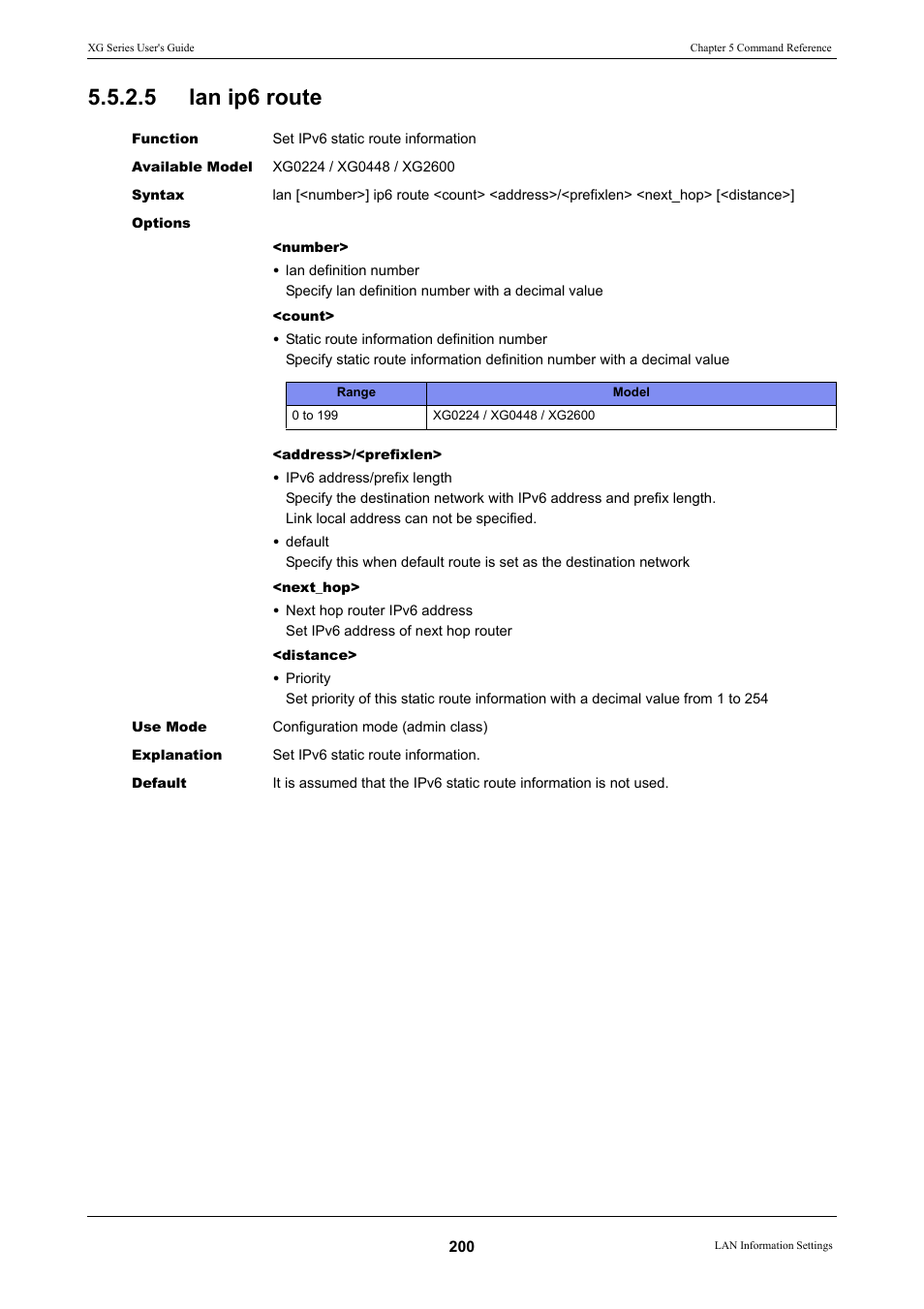 5 lan ip6 route, Lan ip6 route | FUJITSU XG Series P3NK-4452-01ENZD User Manual | Page 200 / 614