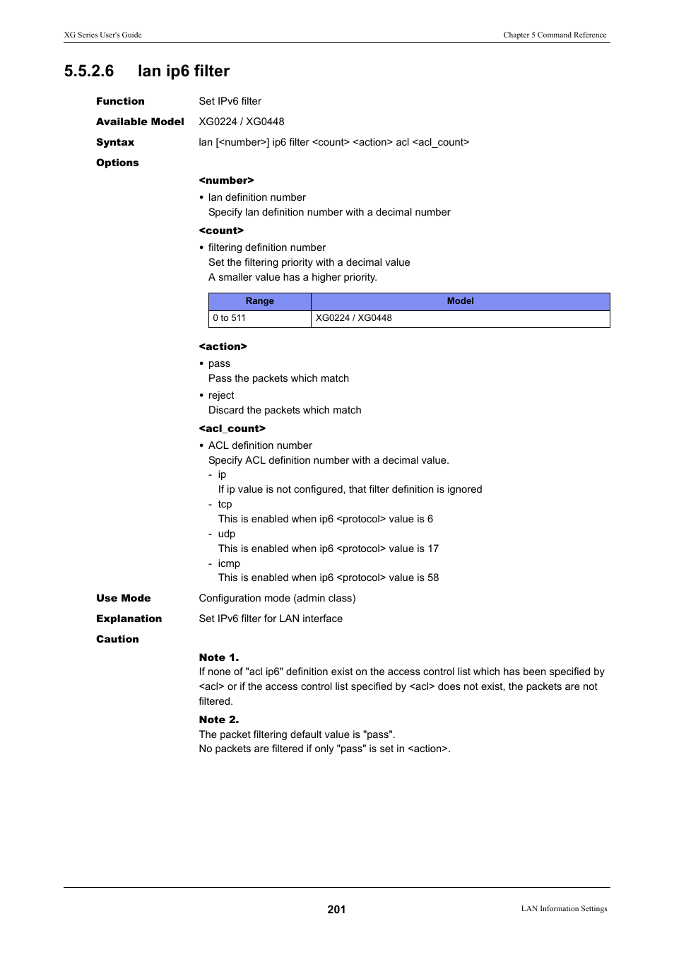 6 lan ip6 filter, Lan ip6 filter, Comman | Command, Lan ip6, Filter, Commands, the | FUJITSU XG Series P3NK-4452-01ENZD User Manual | Page 201 / 614