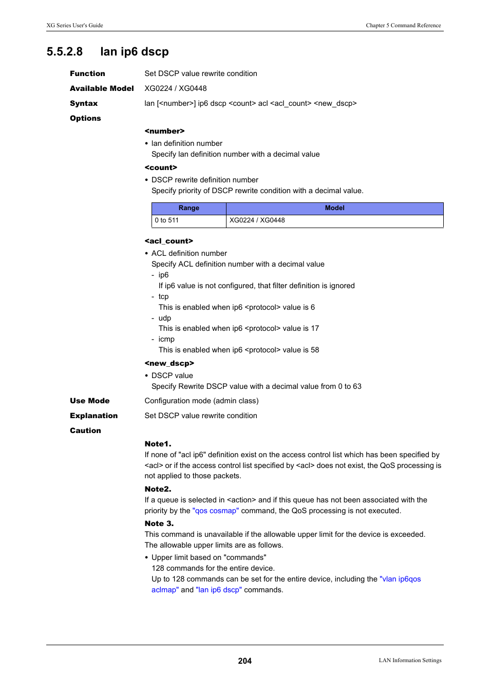8 lan ip6 dscp, Lan ip6 dscp, Ip6 dscp | FUJITSU XG Series P3NK-4452-01ENZD User Manual | Page 204 / 614